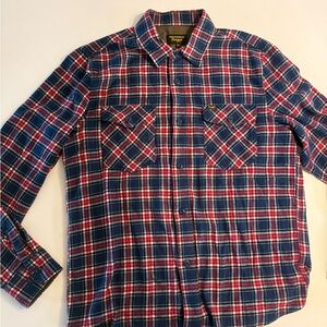 Seager Co. Calico Flannel Shirt Medium Red Navy Plaid Long Sleeve Button Up